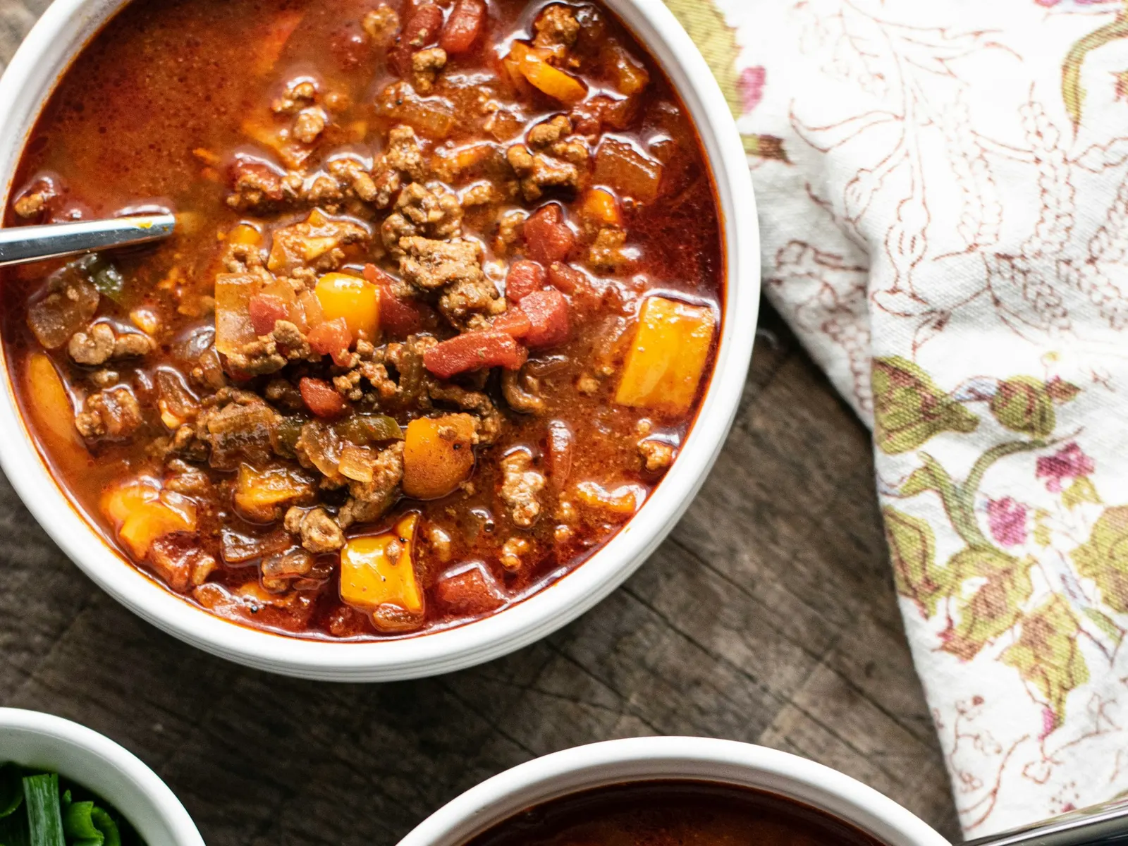 Bowls of high protein turkey and bean chili